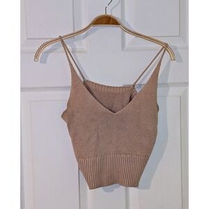 Knit Crop Top Spaghetti Strap V-Neck‎ Tan Neutral Casual Summer Sleeveless Small